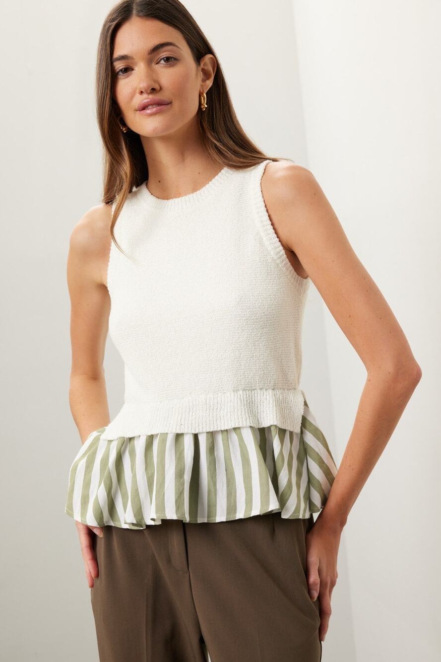 En Saison CeCe Sleeveless Knit Striped Hem Mixed Media Crewneck Top Size Large